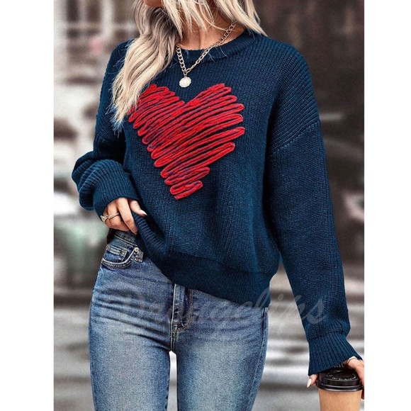 Rouge! Sweaters - Red Heart Appliqué on Navy Blue Knit Pullover Sweater Long Sleeve Crew Neck